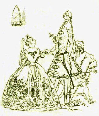 Opera  la mode, caricatura di Joseph Goupy ca. 1730 , ispiarata a Marco Ricci, che rappresenta Heidegger "in preda all'ira", con la Cuzzoni e Farinelli